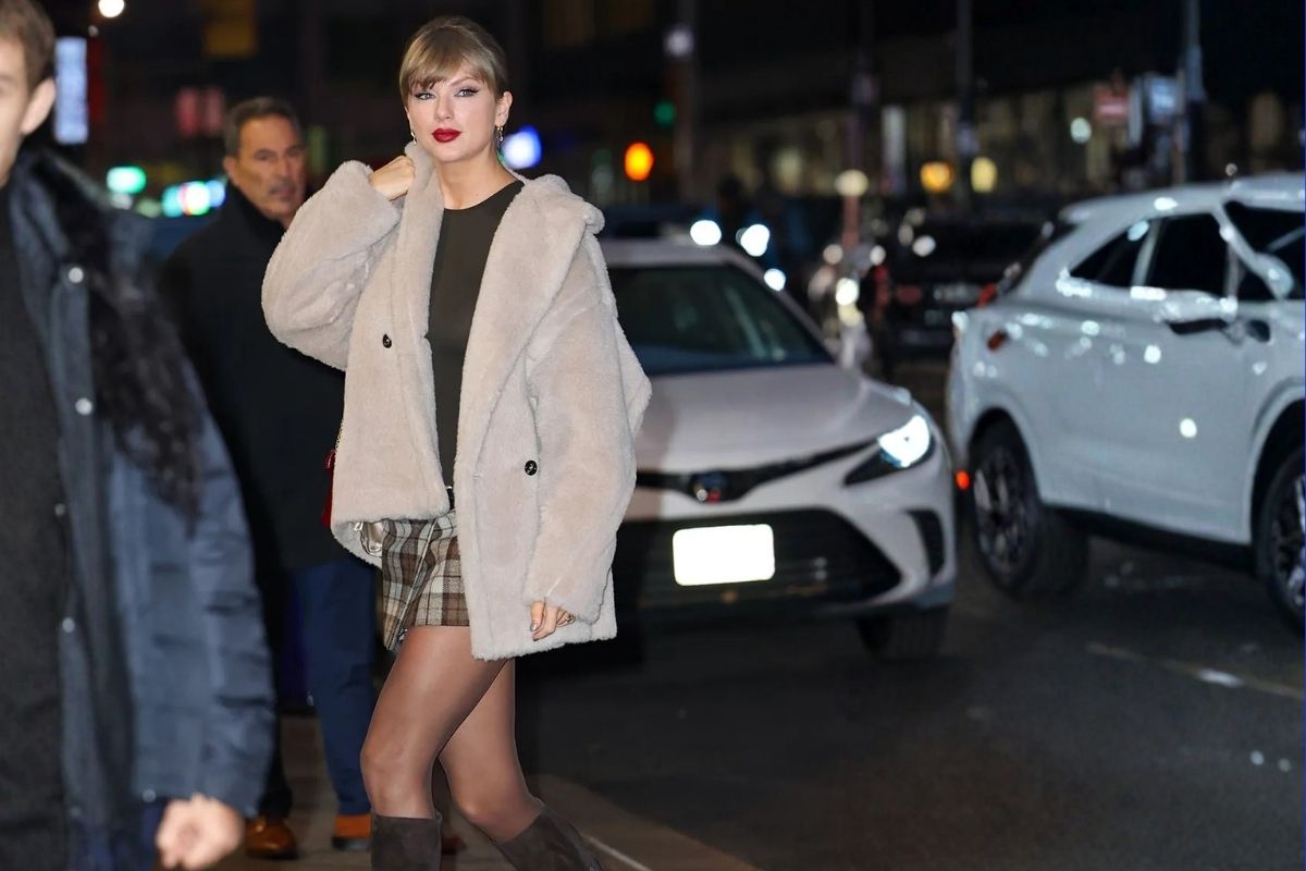 Taylor Swift is seen arriving at 'The Late Show With Stephen Colbert' on December 10, 2025.